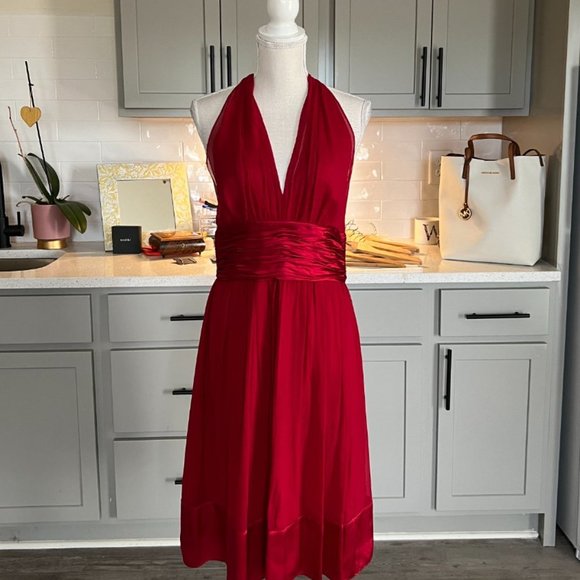 Maggy London Stunning Halter Style Midi Red Dress with Cummerbund Waist 10P - Picture 13 of 13